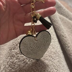 Rhinestone Heart Keychain Charm – Black & Gold Tassel Bling Bag Charm
